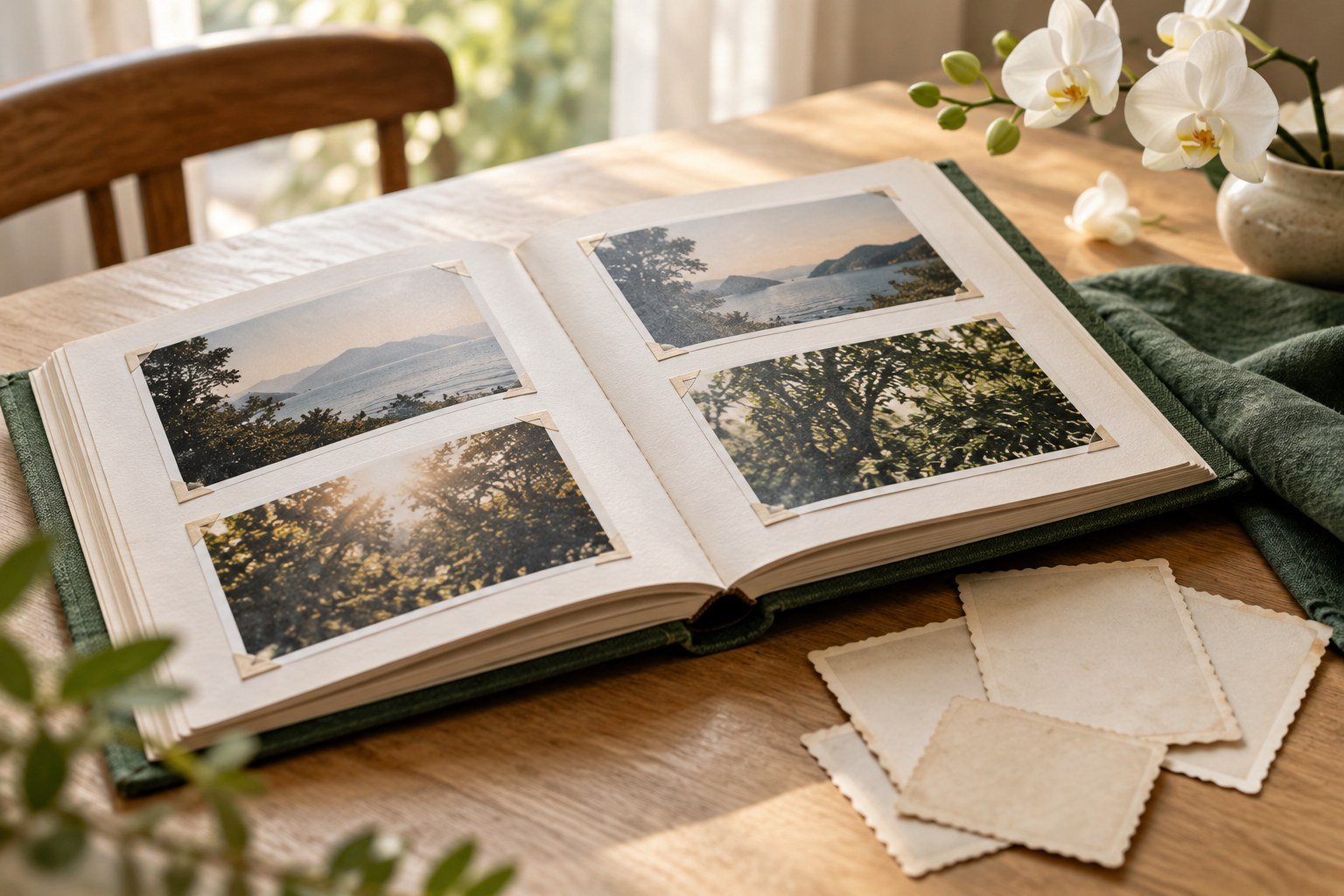 A family album on a wooden table