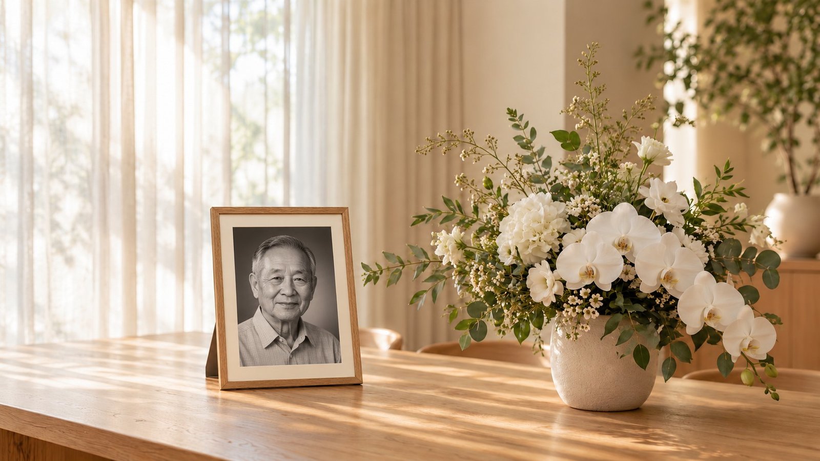 White flowers and a framed illustrative memorial portrait in warm daylight