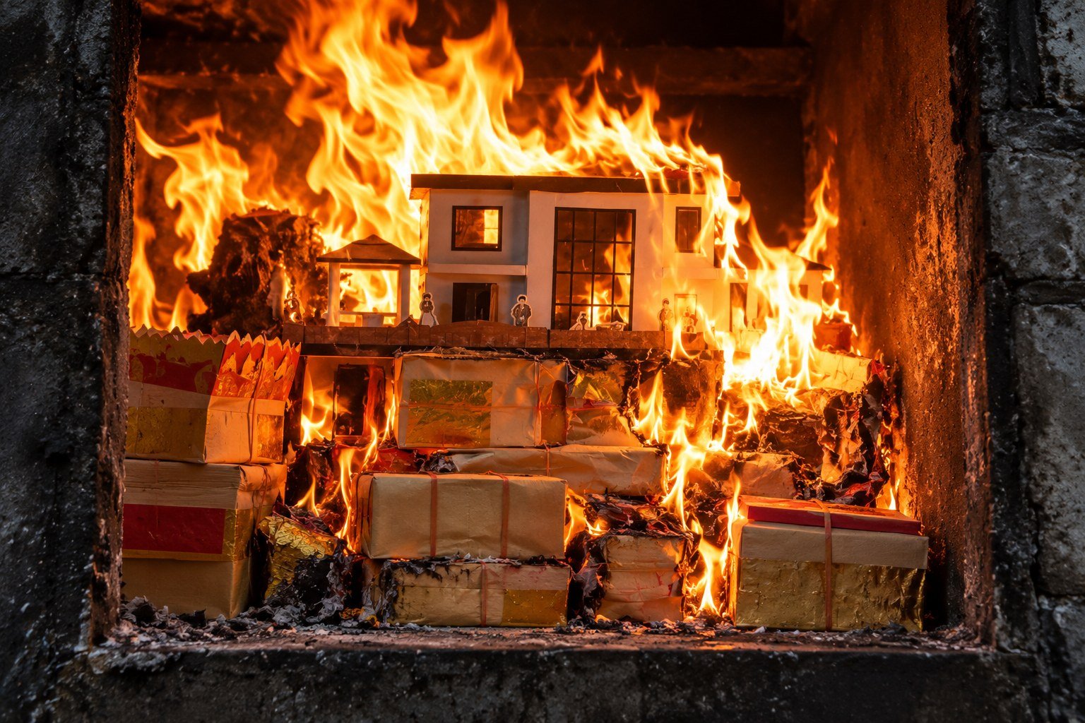 Burning paper-house offerings — photography style reference