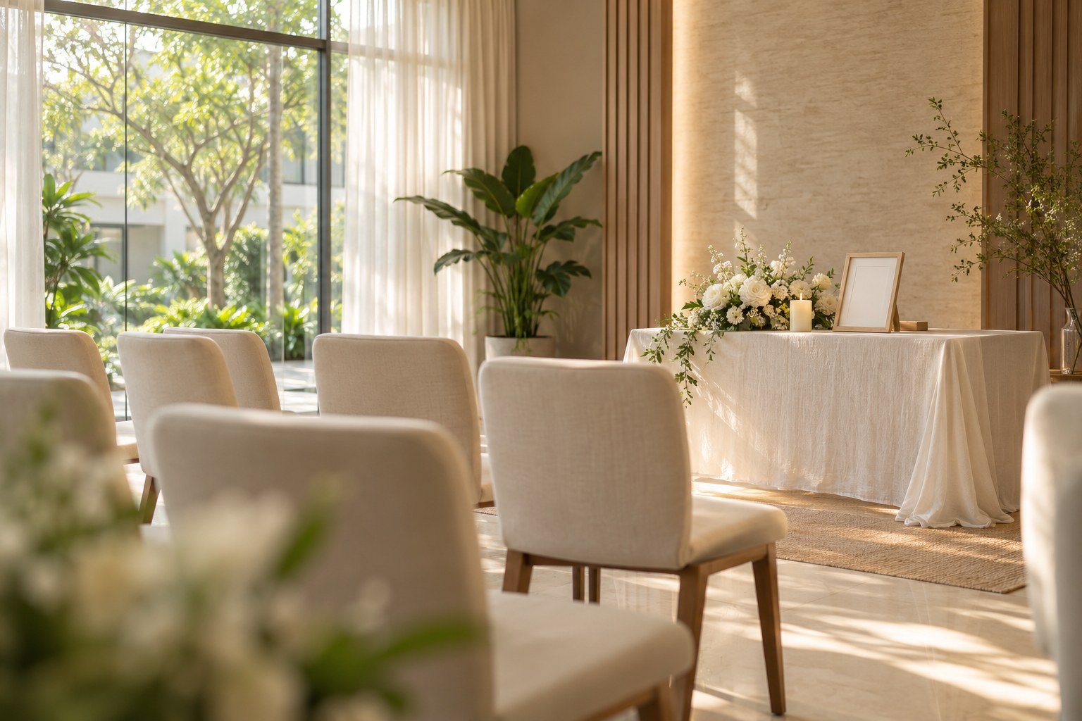 A quiet, sunlit remembrance space